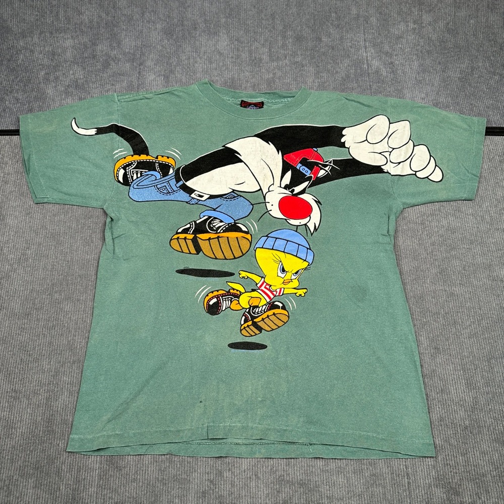 Vintage 90s Looney Tunes Sylvester Tweety Streetwear T-Shirt Green USA Made S/M